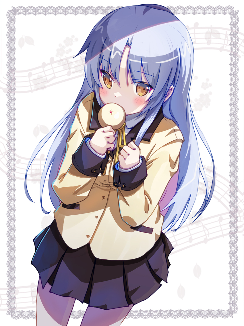 1girl akayama_yukihe angel_beats! black_skirt blush colored_eyelashes commentary_request cowboy_shot eyes_visible_through_hair food_in_mouth food_request hair_between_eyes hands_up highres jacket long_hair long_sleeves looking_at_viewer miniskirt neck_ribbon parted_bangs pleated_skirt ribbon school_uniform sheet_music sidelocks simple_background skirt sleeves_past_wrists solo straight_hair tenshi_(angel_beats!) very_long_hair white_background white_hair yellow_eyes yellow_jacket yellow_ribbon