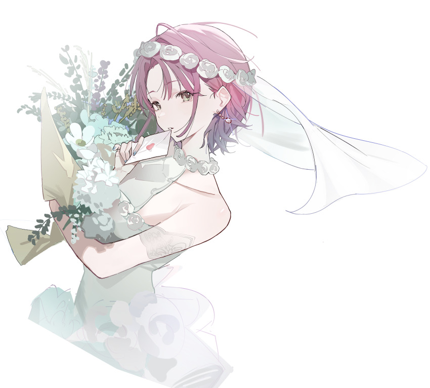 1girl absurdres alternate_eye_color alternate_hair_color asakura_toru bare_shoulders blue_nails bouquet bridal_veil brown_eyes character_request check_character check_copyright commentary copyright_request cropped_torso dress earrings flower highres holding holding_bouquet holding_letter idolmaster idolmaster_shiny_colors jewelry letter looking_at_viewer love_letter nail_polish parted_lips pink_hair short_hair shuishi_tidu simple_background solo symbol-only_commentary veil white_background white_dress