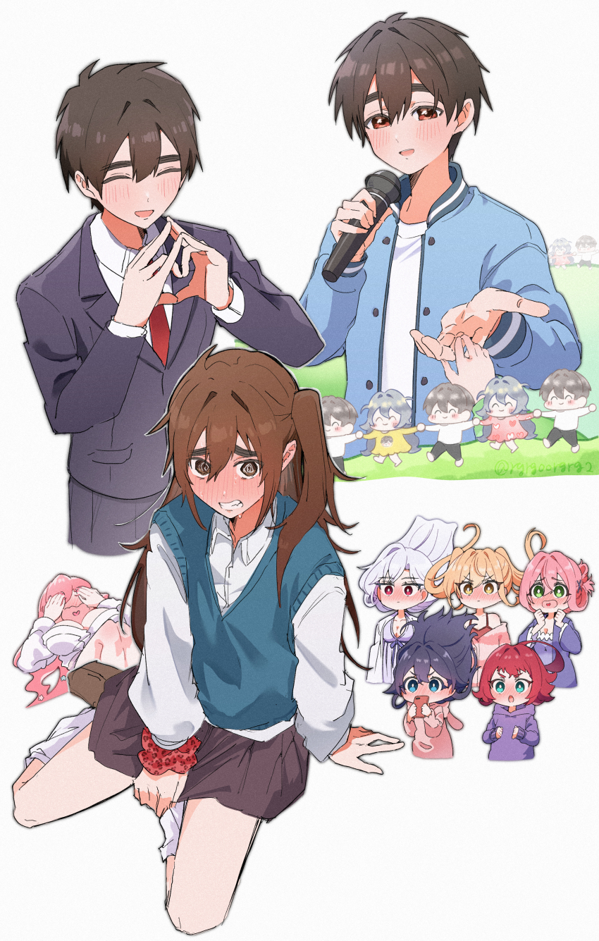 1boy 2gc four-finger_heart_hands 6+girls :d @_@ ^_^ absurdres aijou_rentarou black_hair black_jacket black_skirt blonde_hair blue_jacket blush brown_eyes brown_hair chibi chibi_inset clenched_teeth closed_eyes commentary_request covering_own_eyes crossdressing eiai_nano embarrassed full-face_blush green_sweater_vest hair_between_eyes hairband hanazono_hahari hanazono_hakari heart heart_hands heart_in_mouth highres holding holding_microphone inda_karane jacket kimi_no_koto_ga_dai_dai_dai_dai_daisuki_na_100-nin_no_kanojo long_hair loose_socks lovestruck microphone miniskirt multiple_girls multiple_views one_side_up open_mouth pink_hair red_hairband red_scrunchie school_uniform scrunchie shirt simple_background sitting skirt skirt_tug smile socks sweater_vest teeth thick_eyebrows twintails white_background white_hair white_shirt white_socks wig wing_collar wrist_scrunchie yakuzen_kusuri yoshimoto_shizuka