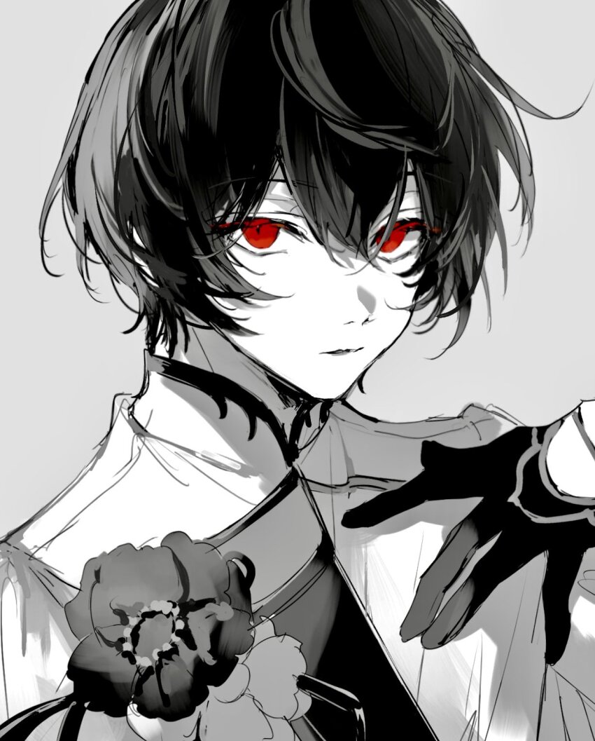 1boy black_hair closed_mouth ensemble_stars! expressionless flower gloves greyscale hair_between_eyes half_gloves hand_on_own_chest highres jacket looking_at_viewer male_focus monochrome nozz177 red_eyes sakuma_ritsu short_hair simple_background solo spot_color
