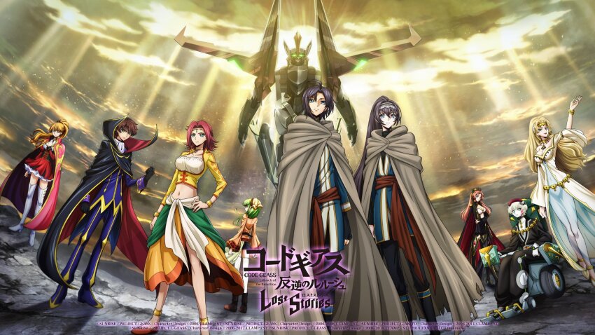 black_hair blonde_hair blue_eyes breasts c.c. cleavage code_geass code_geass:_lost_stories dress green_eyes kouzuki_kallen kururugi_suzaku large_breasts long_hair marrybell_mel_britannia midriff navel official_art red_hair shamna