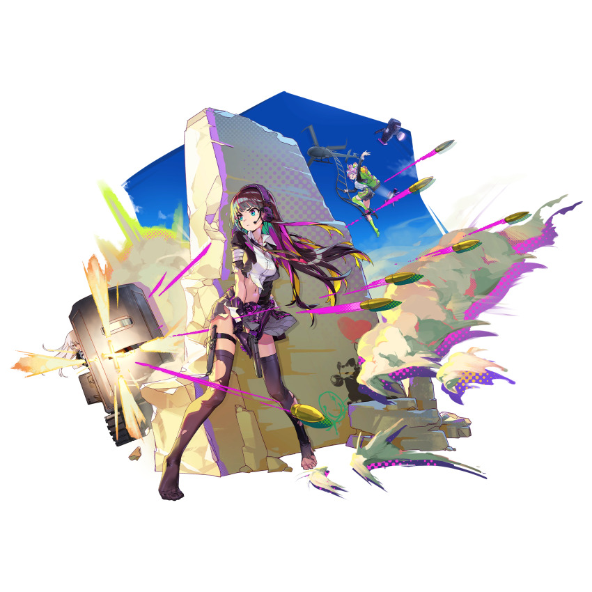3girls aircraft ballistic_shield bandaged_arm bandages black_hair black_jacket black_skirt black_thighhighs blonde_hair bullet character_request game_cg girls&#039;_frontline girls&#039;_frontline_neural_cloud gun handgun headset helicopter highres holding holding_gun holding_weapon jacket ladder m1911 multiple_girls nascita_(neural_cloud) no_toes official_alternate_costume official_art onono_imoko pink_hair puzzle puzzle_(neural_cloud) shield shirt skirt solo_focus taking_cover thigh_strap thighhighs third-party_source torn_clothes torn_shirt torn_thighhighs under_fire weapon white_hair white_shirt