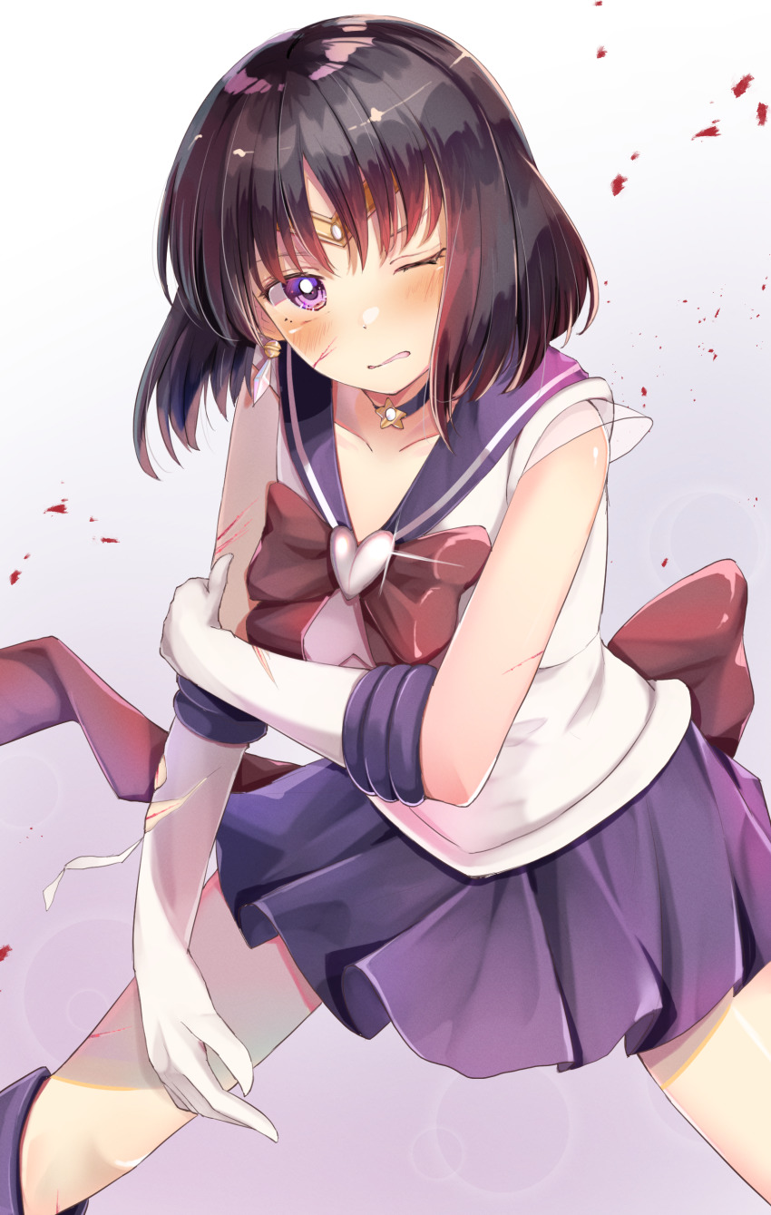 1girl absurdres bishoujo_senshi_sailor_moon black_hair blue_choker blue_sailor_collar blue_skirt blush bow choker collarbone commentary_request elbow_gloves gloves highres injury legs_apart looking_at_viewer magical_girl one_eye_closed parted_lips pleated_skirt purple_eyes purple_skirt red_bow sailor_collar sailor_saturn sailor_senshi_uniform school_uniform scratches serafuku shirt skirt sleeveless sleeveless_shirt solo standing star_(symbol) star_choker white_gloves white_shirt yuunamida_uyu