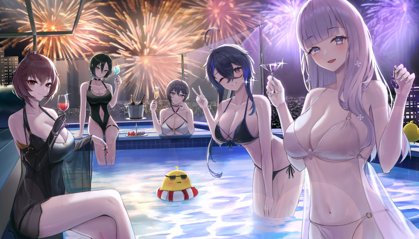 1girl 5girls absurdres alternate_costume azur_lane bare_shoulders bellona_(azur_lane) bikini black_bikini black_gloves black_hair black_one-piece_swimsuit blue_hair blunt_bangs breasts cleavage closed_mouth creator_connection crossed_bangs crossed_legs doham drink duca_degli_abruzzi_(azur_lane) duca_degli_abruzzi_(lustrous_onyx_sirenetta)_(azur_lane) elbow_gloves fireworks foch_(azur_lane) gloves hands_up highres large_breasts looking_at_viewer manjuu_(azur_lane) multiple_girls o-ring o-ring_bikini official_alternate_costume one-piece_swimsuit one_eye_closed parted_lips partially_submerged plymouth_(azur_lane) pool see-through_clothes sideboob single_glove sitting smile swimsuit thighs ulrich_von_hutten_(azur_lane) underboob water white_one-piece_swimsuit