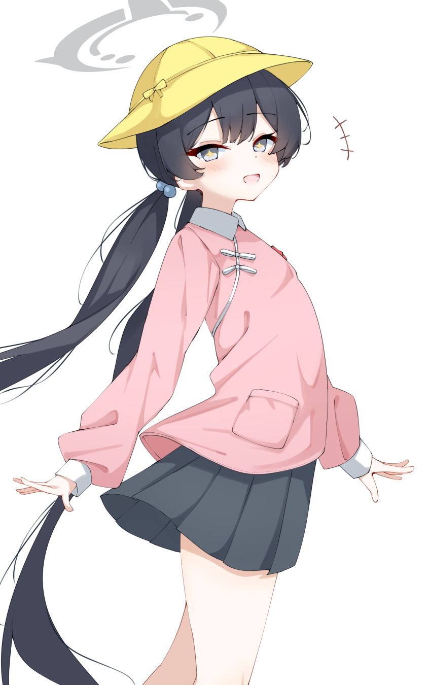 1girl absurdres black_hair black_skirt blue_archive commentary grey_eyes grey_halo hair_bobbles hair_ornament halo hat highres kabocya_na kindergarten_uniform kisaki_(blue_archive) kisaki_(kindergarten_uniform)_(blue_archive) long_hair low_twintails out_of_character pink_shirt pleated_skirt school_hat shirt simple_background skirt solo twintails white_background yellow_hat