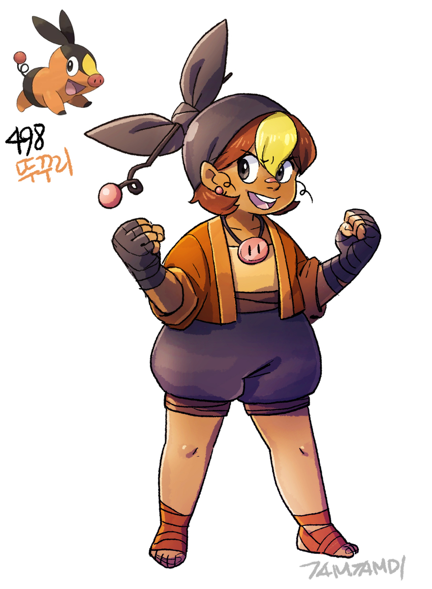 1girl artist_name bandaged_hand bandages bandana black_bandana black_pants clenched_hands collarbone creature_and_personification earrings full_body game_freak gen_5_pokemon highres jewelry korean_commentary multicolored_hair necklace nintendo open_mouth pants personification pokemon pokemon_(creature) reference_inset short_hair simple_background streaked_hair tamtamdi tepig translated white_background