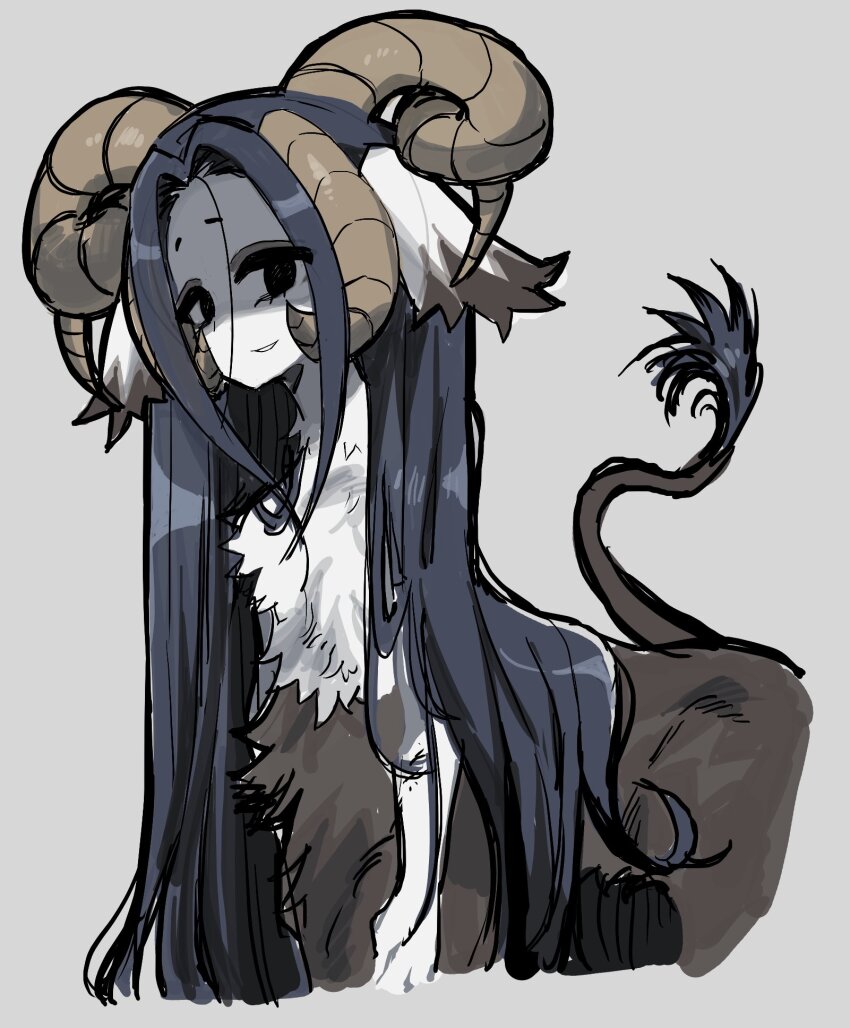1girl animal_ears black_eyes blue_hair body_fur centauroid cowboy_shot cropped_legs grey_background highres horns kakke666 long_hair looking_at_viewer monster_girl multiple_horns original sheep_horns simple_background solo taur very_long_hair white_fur
