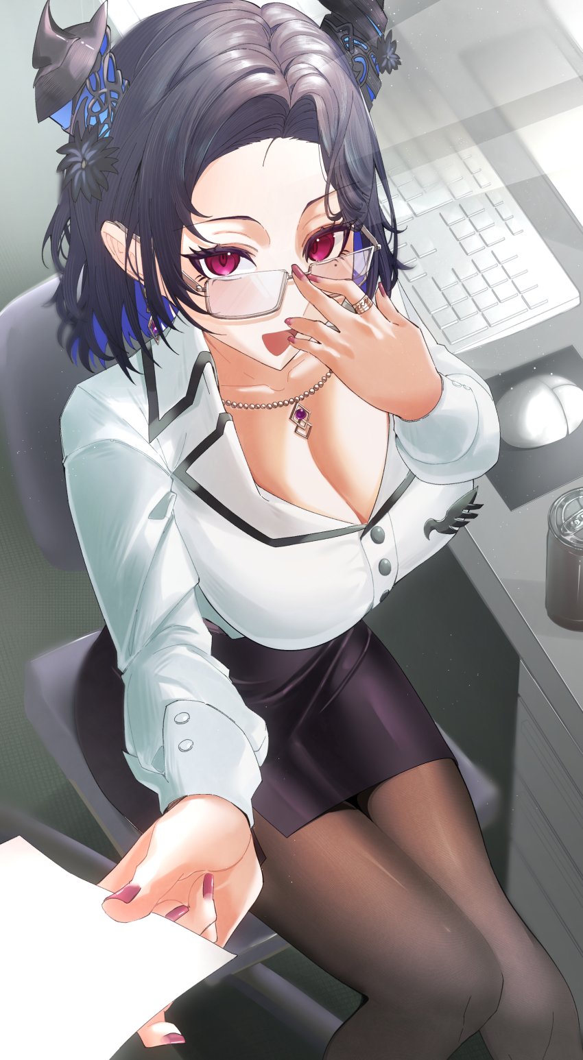 1girl :d absurdres adjusting_eyewear asymmetrical_horns black_hair black_pantyhose black_skirt blue_hair breasts chair collared_shirt colored_inner_hair commentary computer_keyboard computer_mouse demon_horns earrings english_commentary flower hand_up high-waist_skirt highres holding holding_paper hololive hololive_english horn_flower horns indoors jewelry kizawayoh large_breasts looking_at_viewer mole mole_under_eye multicolored_hair nail_polish necklace nerissa_ravencroft nerissa_ravencroft_(casual) office_lady official_alternate_costume official_alternate_hair_length official_alternate_hairstyle on_chair open_mouth pantyhose paper purple_eyes purple_nails semi-rimless_eyewear shirt shirt_tucked_in sitting skirt smile under-rim_eyewear uneven_horns virtual_youtuber white_shirt