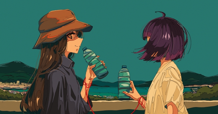 2girls ahoge arm_at_side artdroiiid_ii blue_sky blunt_bangs blunt_ends bob_cut bottle brown_eyes brown_hair brown_hat bucket_hat closed_mouth collared_shirt commentary day english_commentary from_side hand_up hat hill holding holding_bottle lake long_hair looking_at_viewer mountainous_horizon multiple_girls original outdoors purple_hair purple_shirt scenery shirt short_sleeves sideways_glance sky smile standing string string_around_wrist string_of_fate sunlight three-quarter_sleeves town tree upper_body water_bottle white_shirt