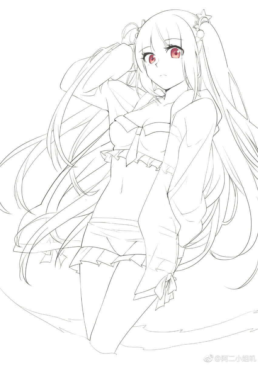 1girl absurdres aer_(tengqiu) alternate_costume bikini blunt_bangs breasts cleavage essex_(warship_girls_r) frills hair_ornament highres jacket lineart long_hair looking_at_viewer medium_breasts monochrome navel red_eyes solo spot_color swimsuit two_side_up wading warship_girls_r water