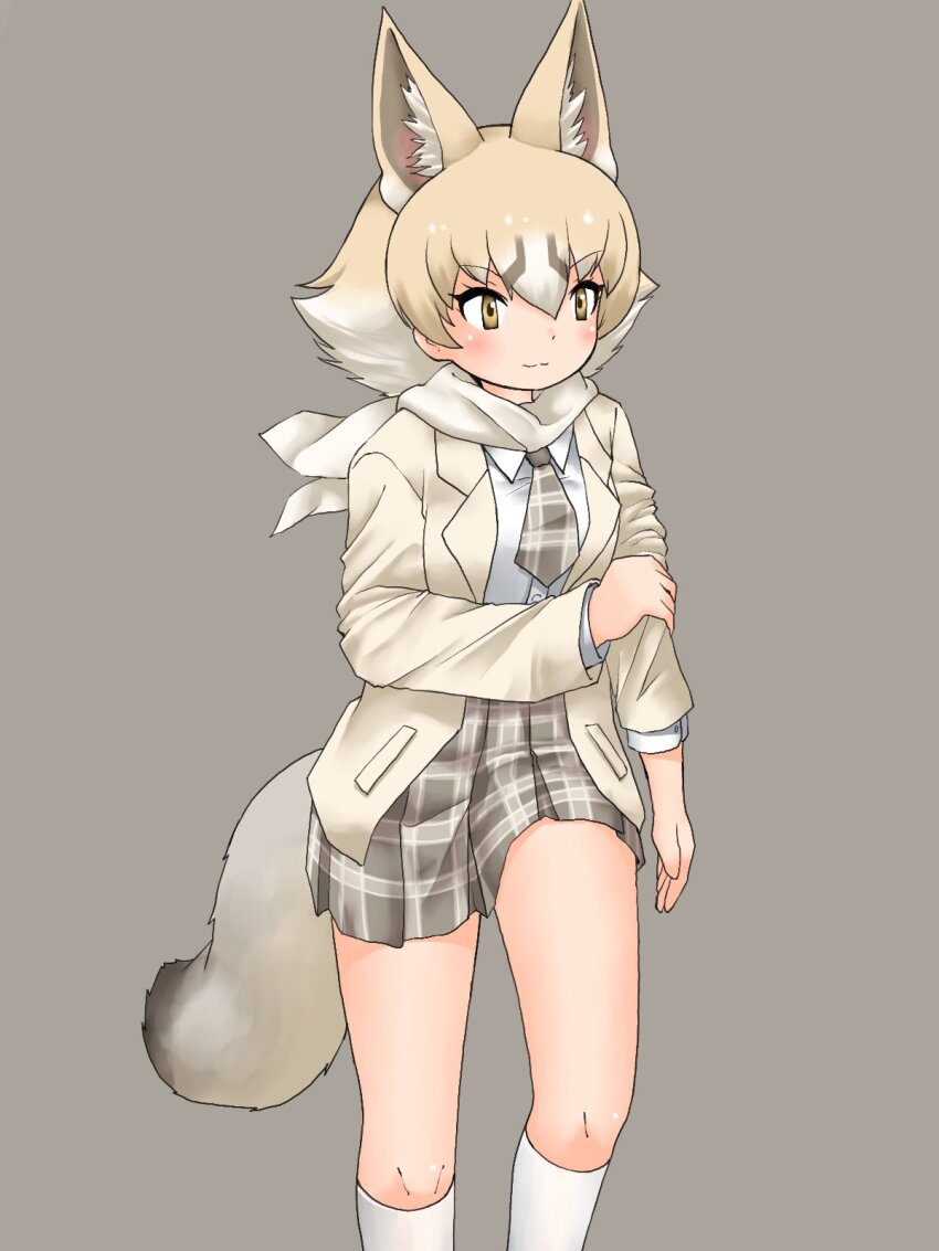 1girl animal_ears blonde_hair collared_shirt extra_ears fox_ears fox_girl fox_tail grey_hair grey_jacket grey_necktie grey_skirt hair_between_eyes highres jacket kemono_friends kit_fox_(kemono_friends) long_sleeves multicolored_hair necktie plaid_clothes plaid_necktie plaid_skirt pleated_skirt scarf shirt short_hair sidelocks skirt socks solo tail uf34a white_hair white_scarf white_shirt white_socks