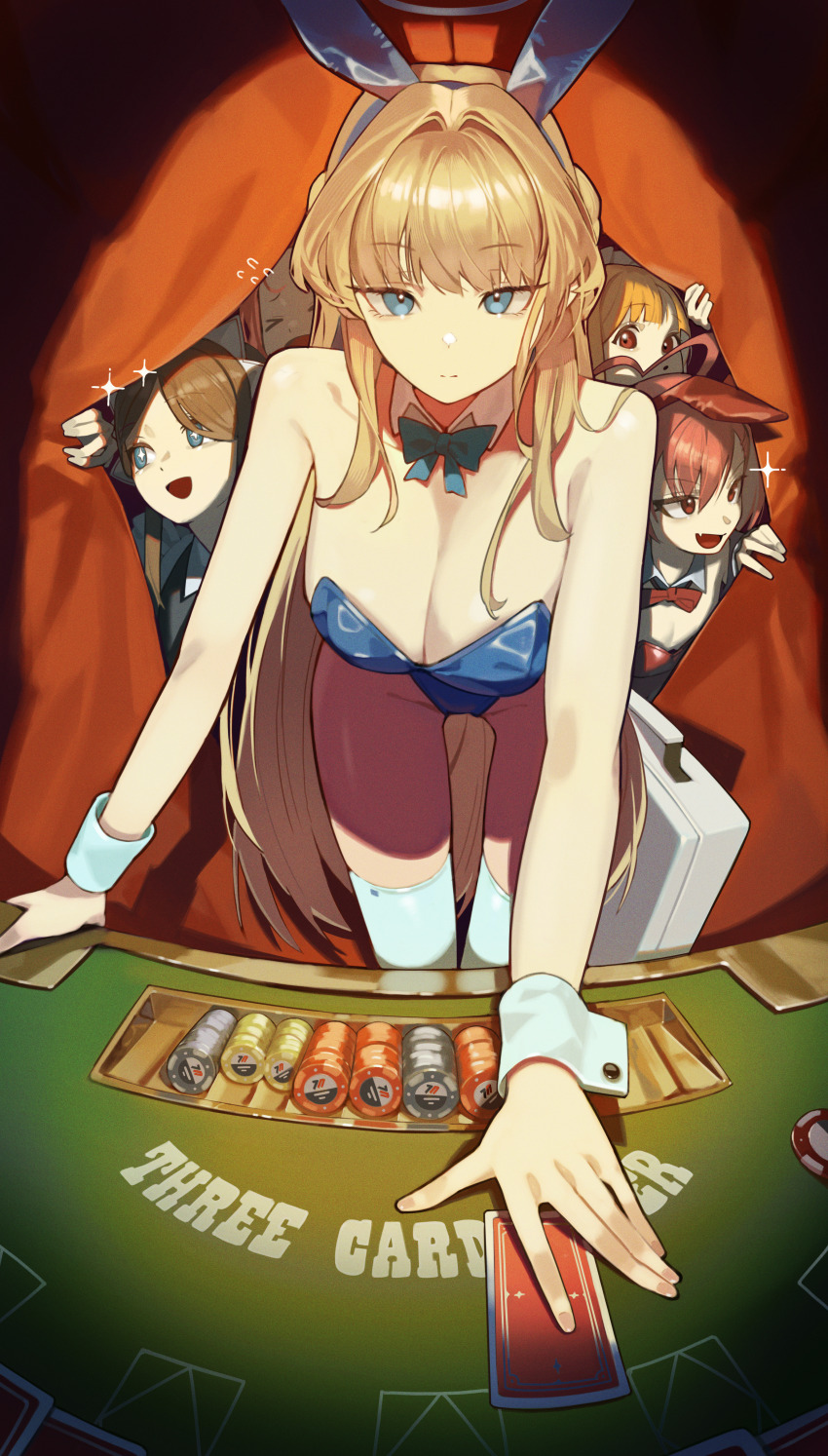 5girls absurdres animal_ear_hairband animal_ears aris_(blue_archive) aris_(maid)_(blue_archive) bare_arms bare_shoulders black_dress blonde_hair blue_archive blue_bow blue_bowtie blue_eyes blue_hairband blue_leotard bow bowtie breasts brown_hair card cleavage closed_mouth detached_collar dress esnowg expressionless fake_animal_ears fang forehead hair_between_eyes hairband highres large_breasts leotard long_hair maid_headdress momoi_(blue_archive) momoi_(maid)_(blue_archive) multiple_girls neru_(blue_archive) neru_(bunny)_(blue_archive) off_shoulder official_alternate_costume open_mouth parted_bangs playboy_bunny playing_card poker_chip poker_table rabbit_ear_hairband rabbit_ears red_eyes red_hair red_hairband red_leotard sidelocks table thighhighs toki_(blue_archive) toki_(bunny)_(blue_archive) white_thighhighs wrist_cuffs yuzu_(blue_archive)
