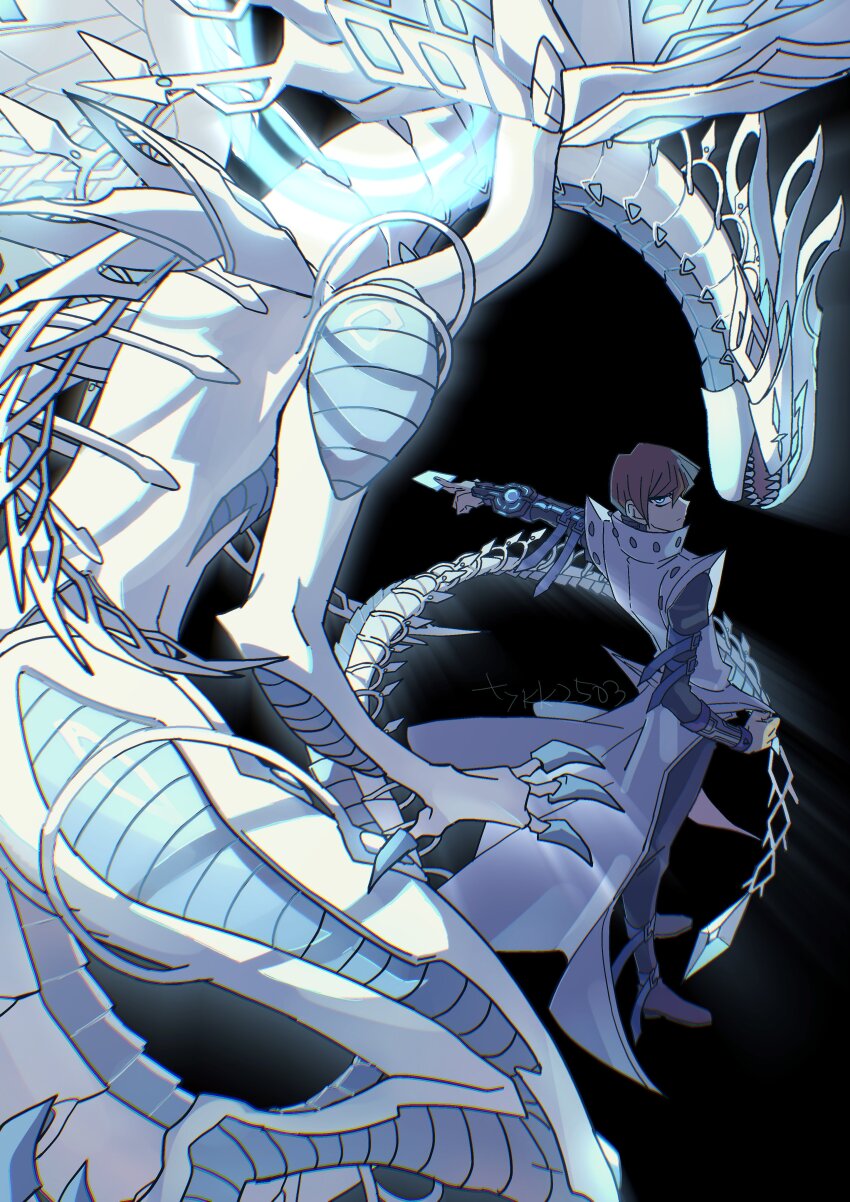 1boy absurdres arm_strap behind_another black_background black_pants black_shirt blue_eyes blue_trim brown_hair brown_shoes card clenched_hand coat deep-eyes_white_dragon dragon dragon_girl dragon_tail dragon_wings duel_monster facing_away facing_to_the_side glowing highres holding holding_card hologram holographic_interface jacket kaiba_seto leaning_forward long_sleeves looking_at_another looking_back looking_down male_focus mechanical_legs mechanical_wings metal_wrist_cuffs multiple_wings on_one_knee open_clothes open_coat open_jacket outstretched_arm pants popped_collar shirt shoes skmkst sleeveless sleeveless_coat tail technology trench_coat turning_head white_coat wings yu-gi-oh! yu-gi-oh!_the_dark_side_of_dimensions