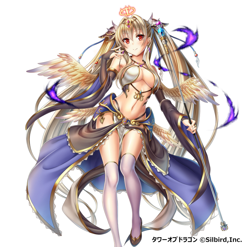 1girl absurdres blonde_hair blush breasts bridal_gauntlets cleavage detached_sleeves earrings feathered_wings female_focus highres jewelry large_breasts long_hair looking_at_viewer navel original red_eyes simple_background solo staff thighhighs tower_of_dragon twintails underboob very_long_hair violetshit white_background white_thighhighs white_wings wings