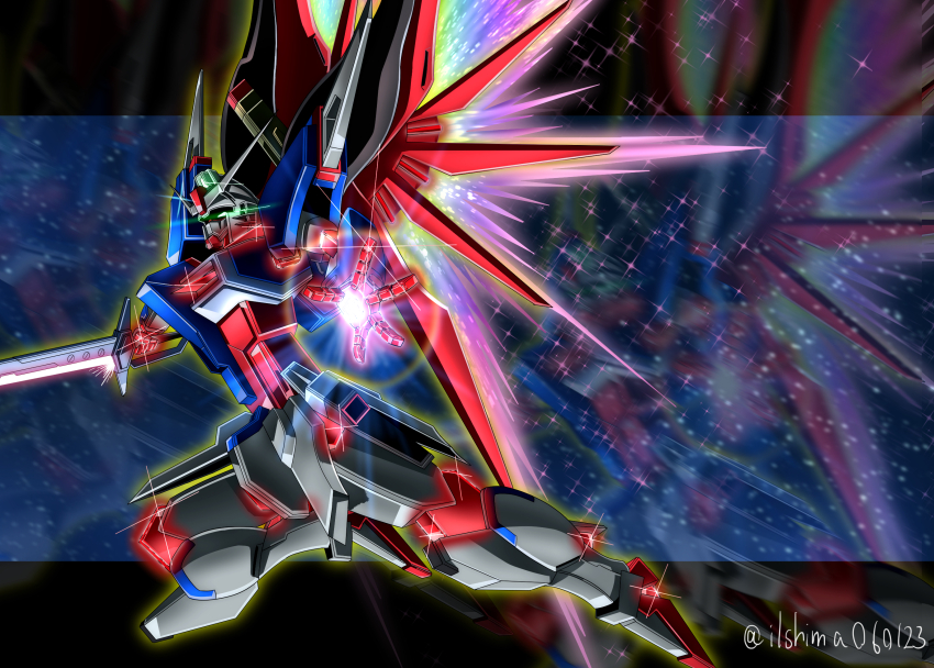 afterimage energy_sword commentary destiny_gundam destiny_gundam_spec_ii energy_sword energy_wings glowing green_eyes gundam gundam_seed gundam_seed_destiny gundam_seed_freedom highres holding holding_sword holding_weapon light_particles mecha mobile_suit no_humans robot science_fiction shimashun solo sparkle spoilers sword twitter_username weapon