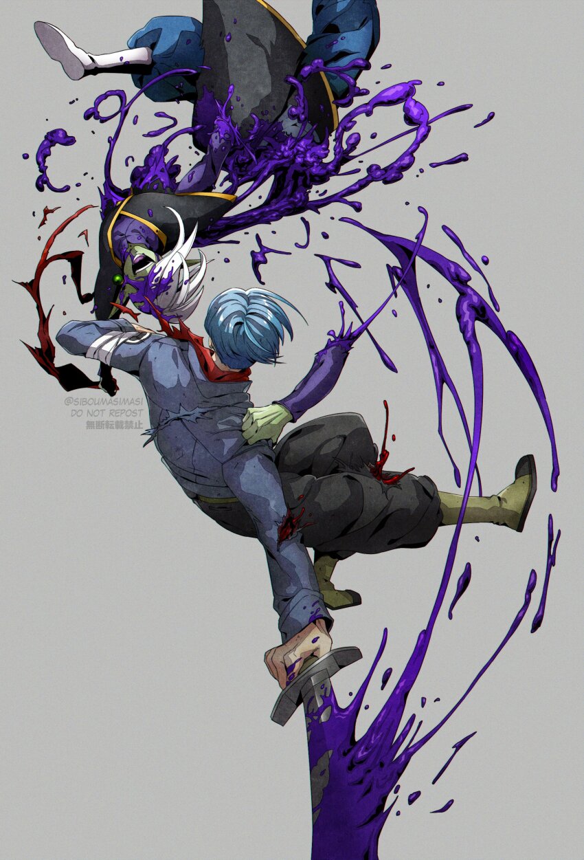 2boys absurdres bandana black_pants bleeding blood blood_on_clothes blood_on_face blood_splatter bloody_weapon blue_hair blue_jacket blue_pants blue_sash boots colored_skin covered_eyes crazy crazy_smile dismemberment dragon_ball dragon_ball_super earrings grabbing_another&#039;s_arm green_skin grey_background highres holding holding_sword holding_weapon jacket jewelry laughing liorzll long_sleeves mohawk multiple_boys pants pointy_ears potara_earrings purple_blood purple_shirt red_bandana sash shirt short_hair sliced smile sword torn_clothes trunks_(dragon_ball) trunks_(future)_(dragon_ball) unusual_blood_color weapon white_footwear white_hair yellow_footwear zamasu