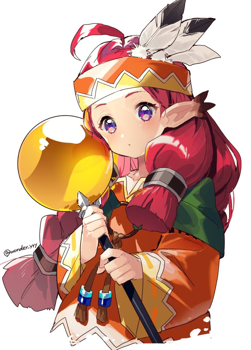 1girl ahoge artist_name capelet chiko_(puyopuyo) closed_mouth commentary cropped_torso dot_mouth dress feather_hair_ornament feathers green_capelet hair_ornament hand_up headdress highres holding holding_staff kuroda_(kuro_yyy) long_hair low-tied_long_hair native_american_headdress o-ring orange_dress orb pointy_ears purple_eyes puyopuyo red_hair simple_background solo staff tribal twitter_username white_background white_feathers wide_sleeves