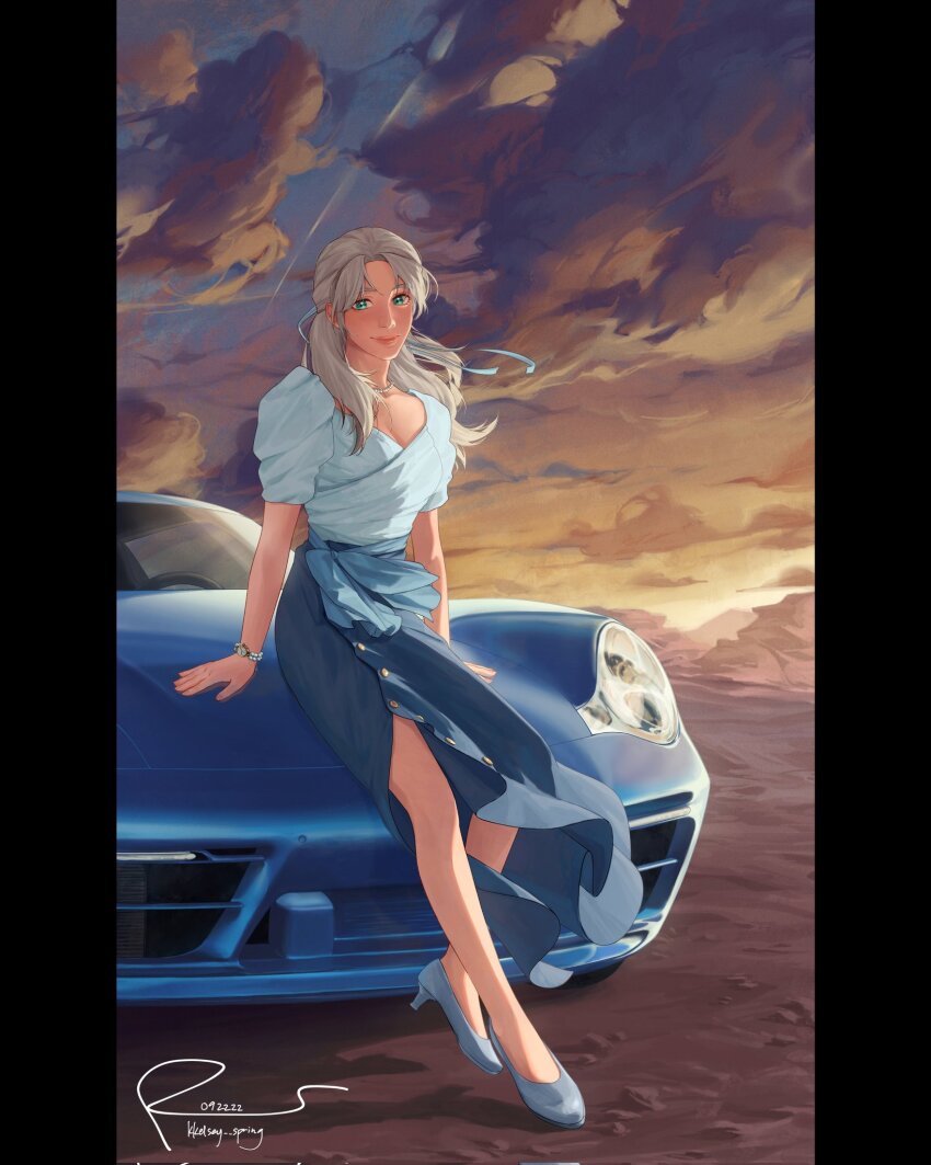 1girl blonde_hair blue_car blue_eyes blue_footwear blue_shirt blue_skirt car cars_(movie) corrupted_twitter_file dated full_body high_heels highres kkelsey_spring long_hair looking_at_viewer motor_vehicle outdoors personification sally_carrera shirt short_sleeves signature skirt smile solo twilight watch wristwatch