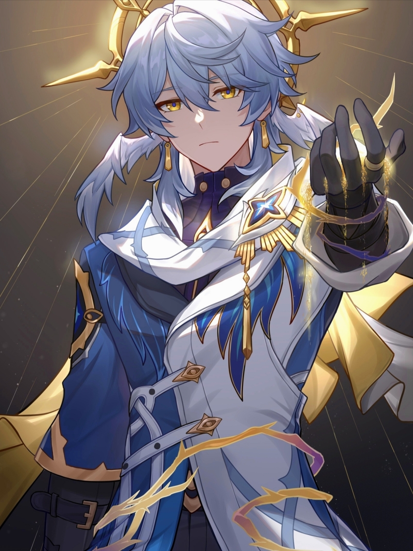 1boy chinese_commentary chuideng closed_mouth earrings gloves gradient_background grey_hair hair_between_eyes hair_vines halo head_wings highres honkai:_star_rail honkai_(series) jacket jewelry long_hair long_sleeves looking_at_viewer male_focus medium_hair solo sunday_(honkai:_star_rail) white_gloves white_wings wings yellow_eyes