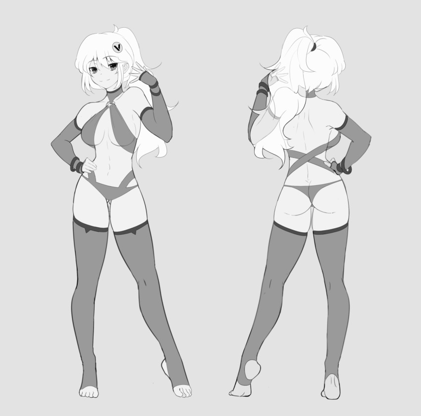 1girl animated animated_gif ass breasts butt_crack commentary commission contrapposto elbow_gloves english_commentary fingerless_gloves gloves greyscale hair_ornament hand_on_own_hip highres large_breasts lumpychan miniskirt monochrome multiple_views o-ring one-piece_swimsuit original ponytail skirt slideshow_animation slingshot_swimsuit smile swimsuit thighhighs turtleneck turtleneck_one-piece_swimsuit