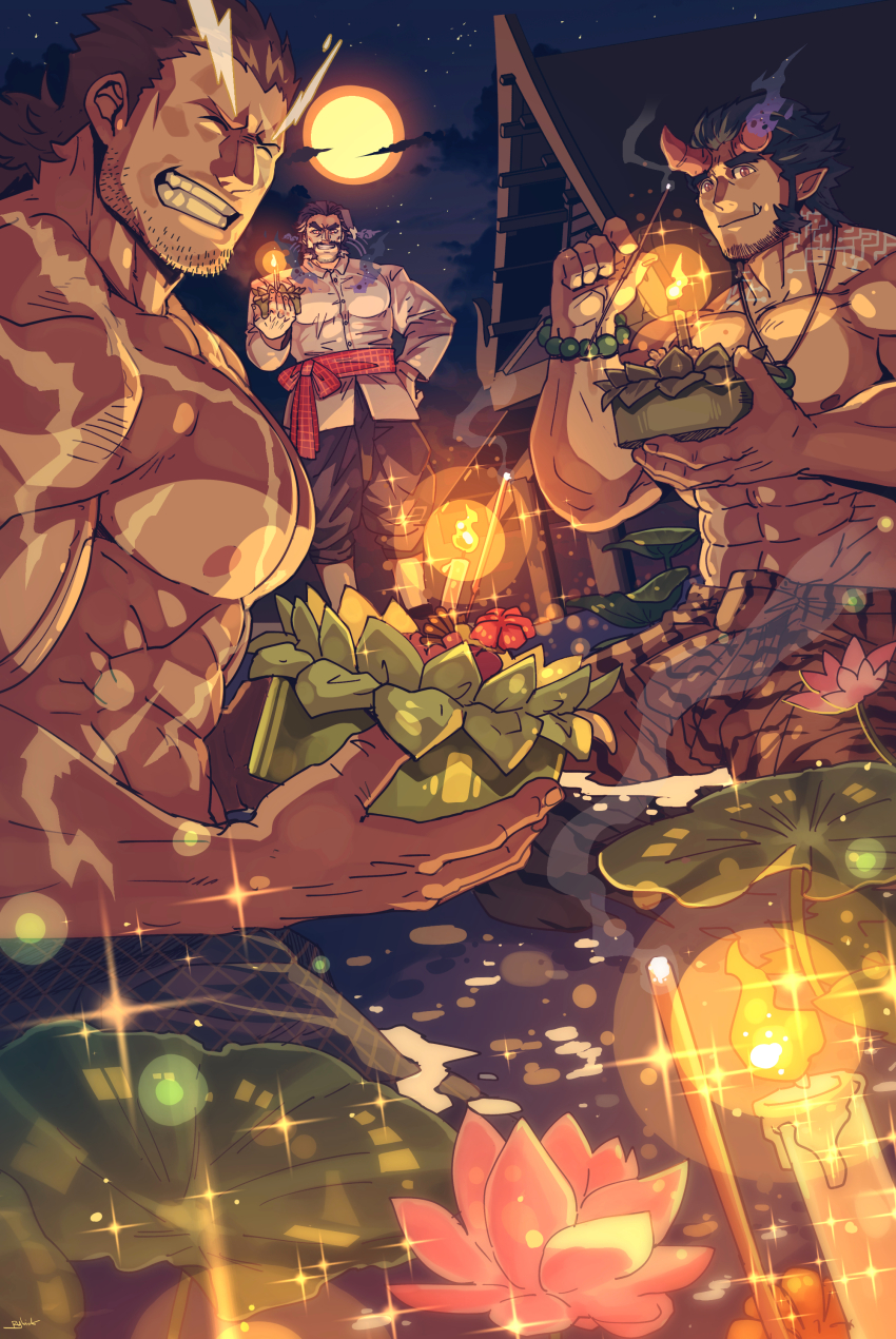 3boys absurdres animal_print bara beard beard_stubble blue_hair broken_horn candle closed_mouth commentary daikoku_(housamo) dark_blue_hair demon_boy demon_horns facial_hair fiery_horns flower full_body full_moon grin halo halo_behind_head highres holding horns kratong large_pectorals long_sideburns lotus male_focus mature_male moon multiple_boys muscular muscular_male night partially_submerged pectorals rybiok scar scar_on_arm scar_on_chest scar_on_neck scar_on_shoulder scar_on_shoulders short_hair sideburns smile sparkle star_(sky) stubble taishakuten_(housamo) takemaru_(housamo) thai_clothes thick_eyebrows tiger_print tokyo_houkago_summoners topless_male traditional_clothes tusks upper_body