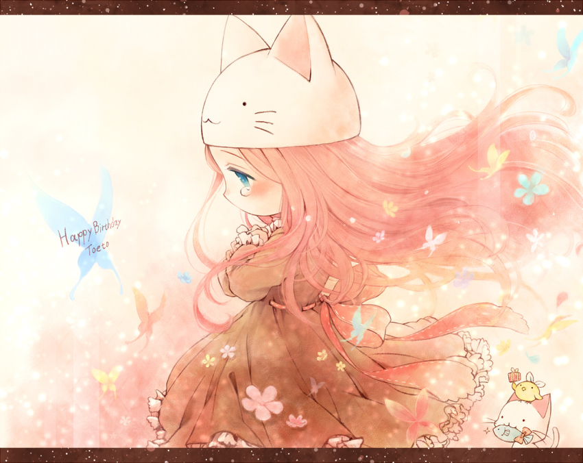 1girl animal_hat aqua_eyes bird bug butterfly cat cat_hat chick fish flower frills happy_birthday hat bug long_hair looking_down megurine_luka megurine_luka_(toeto) nim nim_(sivo) pink_hair profile sad toeto_(vocaloid) vocaloid wind