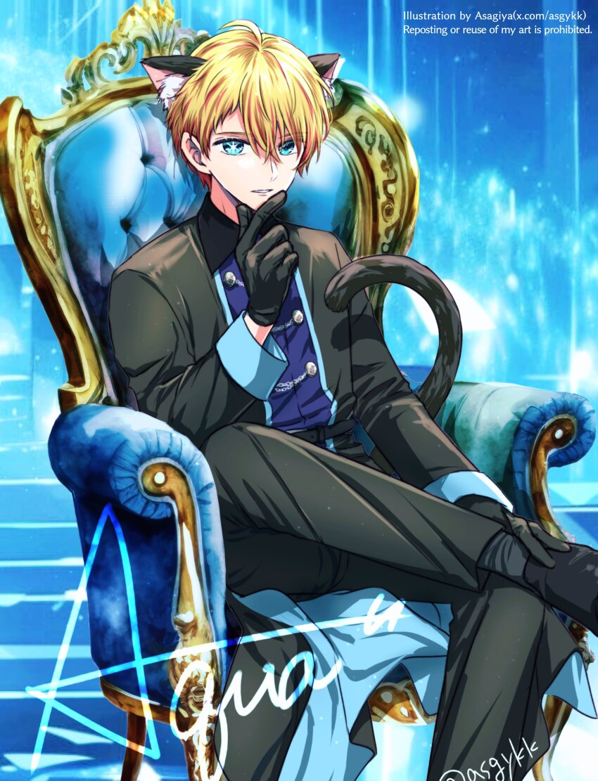 1boy absurdres animal_ears asgykk black_gloves black_pants black_shirt black_shoes black_tail blonde_hair blue_eyes cat_boy cat_ears cat_tail chair gloves highres hoshino_aquamarine long_sleeves male_focus oshi_no_ko pants revision shirt shoes short_hair sitting solo star-shaped_pupils star_(symbol) symbol-shaped_pupils tail