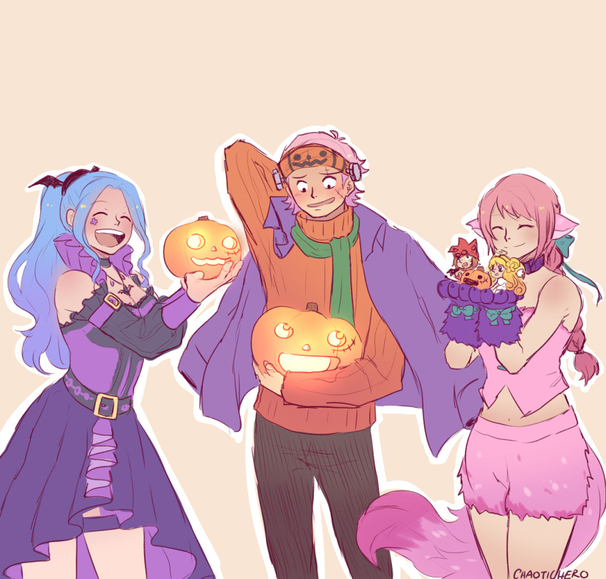 2boys 3girls artist_name blonde_hair blue_hair blush braid braided_ponytail caydeus commentary detached_collar dress green_scarf halloween halloween_costume hat headband holding holding_pumpkin jacket jacket_on_shoulders koby_(one_piece) leo_(one_piece) mansherry mini_person miniboy minigirl multiple_boys multiple_girls nefertari_vivi one_piece orange_sweater pink_hair ponytail pumpkin purple_dress purple_jacket rebecca_(one_piece) scarf sidelocks simple_background smile sweater