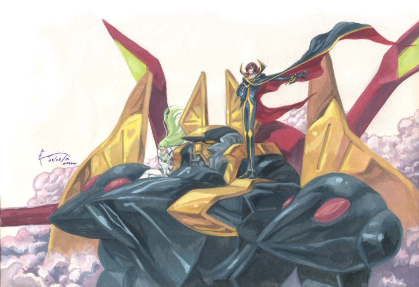 1boy 1girl 2012 absurdres armor black_armor black_cape black_gloves bodysuit c.c. cape cloud code_geass dated dominic_ian_cabatit floating_cape floating_hair full_body gawain_(code_geass) gloves gold_armor gold_trim green_hair hand_up helmet high_collar highres holding holding_helmet knightmare_frame lelouch_vi_britannia long_hair long_sleeves mecha mecha_focus multicolored_armor on_mecha outstretched_arm outstretched_hand red_cape red_eyes robot short_hair standing straitjacket timestamp two-sided_cape two-sided_fabric unworn_headwear unworn_helmet white_bodysuit yellow_eyes