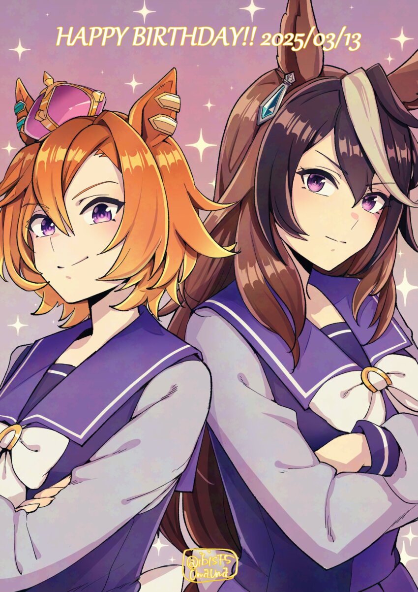2girls animal_ears birthday_connection bow bowtie breasts brown_hair closed_mouth crossed_arms crown dated ear_piercing earrings happy_birthday hi_(ibisf5umauma) highres horse_ears jewelry long_hair long_sleeves looking_at_viewer mini_crown multicolored_hair multiple_girls orange_hair piercing purple_eyes purple_shirt purple_skirt sailor_collar school_uniform shirt short_hair single_earring skirt small_breasts smile sparkle streaked_hair symboli_rudolf_(umamusume) t.m._opera_o_(umamusume) tracen_school_uniform twitter_username umamusume upper_body