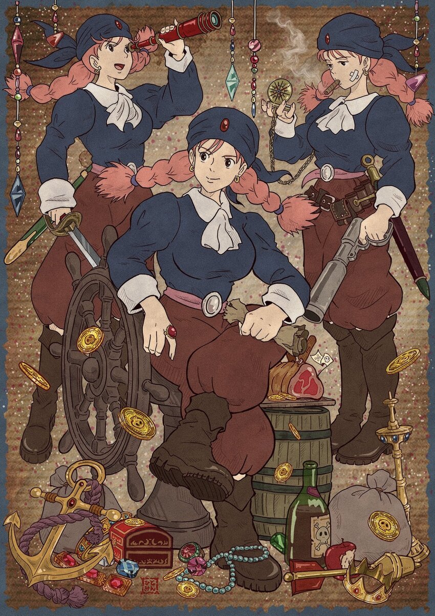 braid dola_(laputa) earrings food hat highres hitomin_(joutaro195) jewelry multiple_girls sword tenkuu_no_shiro_laputa twin_braids weapon