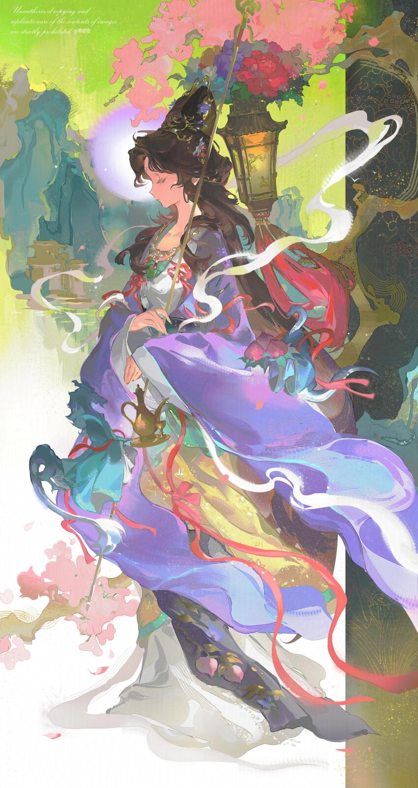 1girl absurdres black_hair chinese_zodiac closed_eyes cup dragon eastern_dragon flower food from_side fruit full_body hagoromo hair_bun hair_ornament highres holding holding_lantern jewelry jiu_niangzi jiu_niangzi_(blossom_spring_fairy) kettle lantern long_hair long_skirt necklace official_alternate_costume peach profile purple_hanfu red_flower reverse:1999 rock shawl skirt snake solo very_long_hair white_shawl wide_sleeves yellow_skirt yunouou10