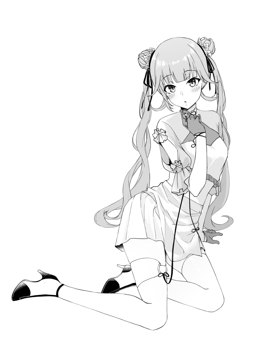 1girl absurdres arm_cutout arm_support blush cattleya_regina_games chinese_clothes double_bun gloves greyscale hair_bun half_gloves hanabusa_lisa hanabusa_lisa_(3rd_costume) high_heels highres looking_at_viewer midriff monochrome parted_lips sitting skirt solo thighhighs touri_tarou_(misconception) twintails virtual_youtuber vspo! wispy_bangs yokozuwari