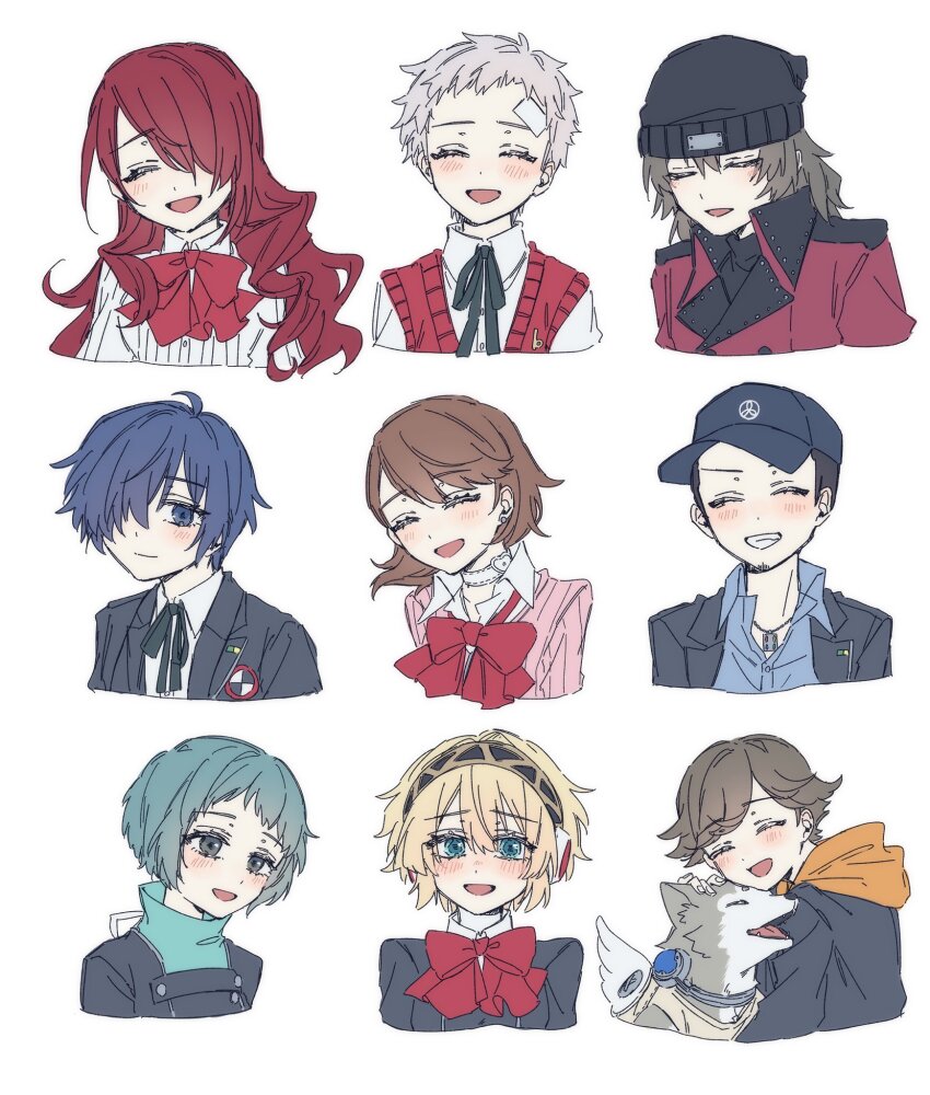 4girls 5boys ahoge aigis_(persona) amada_ken aqua_eyes aqua_hair aqua_shirt aragaki_shinjirou bandaid bandaid_on_face bandaid_on_forehead baseball_cap beanie black_hat black_hoodie black_jacket black_ribbon blonde_hair blue_eyes blue_hair blue_hat blue_shirt blush bow brown_hair buzz_cut choker closed_eyes closed_mouth cropped_shoulders dog everyone facial_hair facing_viewer flipped_hair gekkoukan_high_school_uniform goatee gold_hairband grey_dog grin hair_between_eyes hair_over_one_eye hairband hand_on_another&#039;s_head hat head_tilt headpat highres hood hoodie iori_junpei jacket jewelry kirijou_mitsuru koromaru_(persona) lapels long_hair looking_at_viewer medium_hair multiple_boys multiple_girls necklace open_clothes open_jacket open_mouth orange_hood persona persona_3 pink_sweater red_bow red_hair red_jacket red_vest ribbon sakizome1001 sanada_akihiko school_uniform shirt short_hair simple_background smile sweater takeba_yukari very_short_hair vest white_background white_choker white_hair white_shirt yamagishi_fuuka yuuki_makoto_(persona_3)