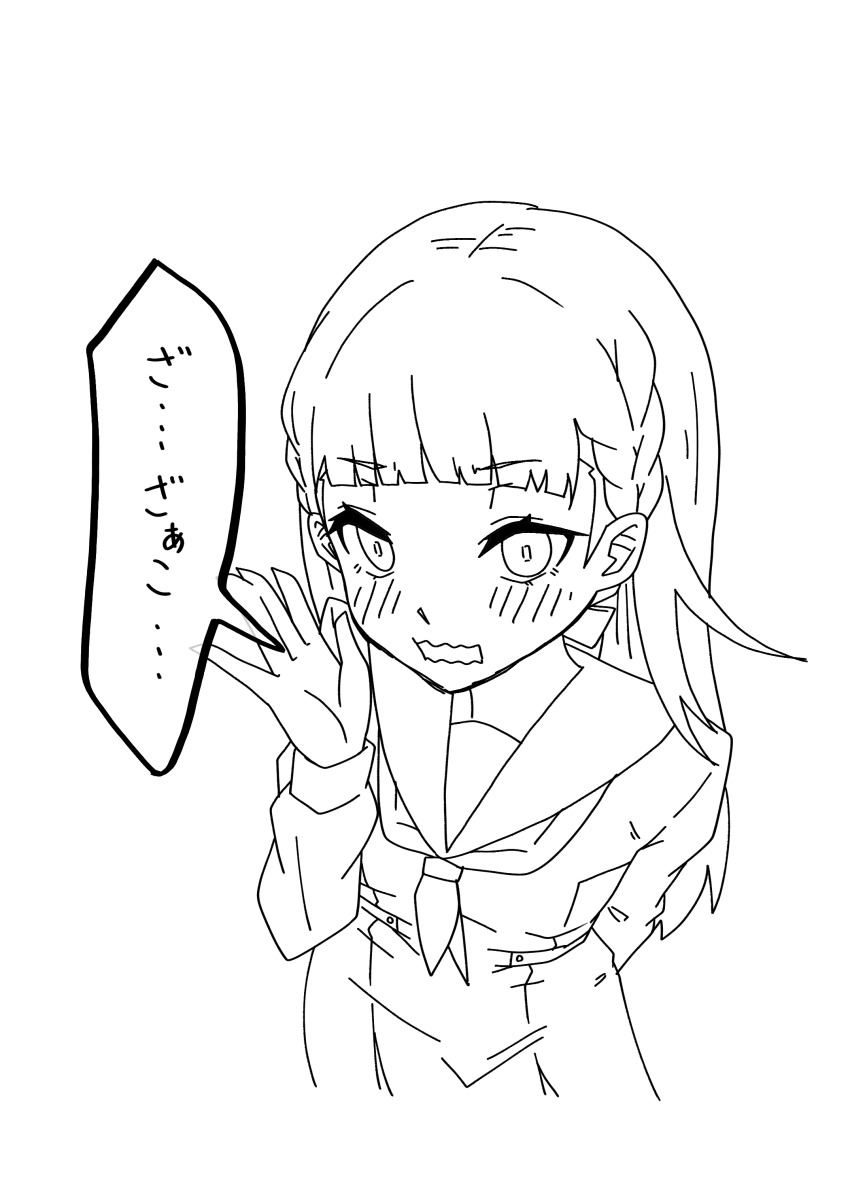 1girl absurdres blush bow braid breasts center-flap_bangs commentary_request cropped_legs dress greyscale hair_bow hasu_no_sora_school_uniform highres kachimachi_kosuzu kamix2_odai leaning_forward lineart link!_like!_love_live! long_hair long_sleeves looking_at_viewer love_live! medium_breasts monochrome neckerchief open_mouth pleated_dress sailor_collar sailor_dress school_uniform side_ahoge side_braids simple_background solo speech_bubble straight_hair translation_request virtual_youtuber wavy_mouth white_background winter_uniform zako_(phrase)