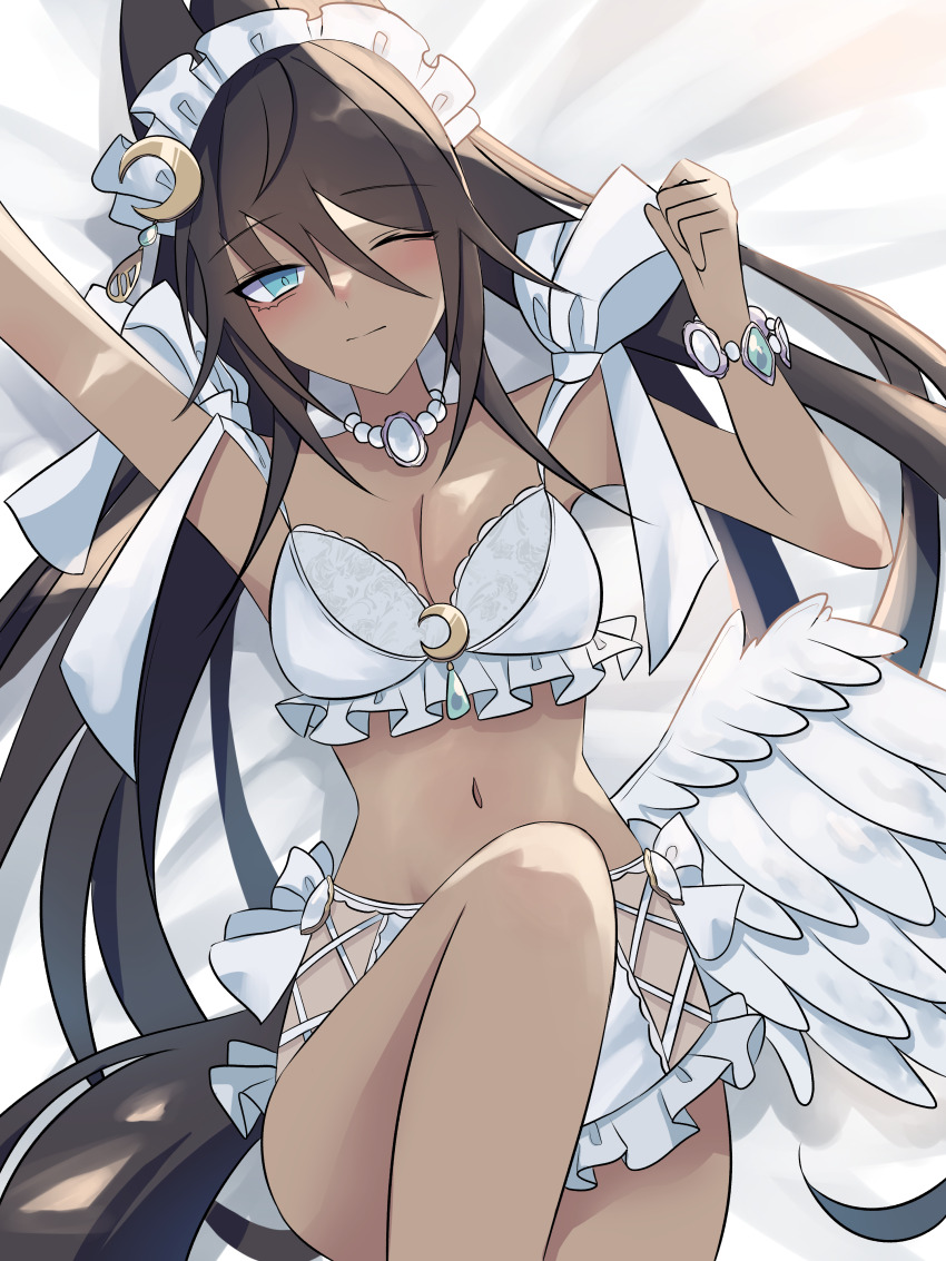 1girl absurdres alternate_costume animal_ears arm_up armpits black_hair blue_eyes blush bra bracelet breasts cleavage closed_mouth commentary_request dark-skinned_female dark_skin fake_wings hair_between_eyes highres horse_ears horse_girl horse_tail jewelry knee_up lingerie long_hair lying medium_breasts navel on_back one_eye_closed panties solo stomach symboli_kris_s_(umamusume) tail toriumi_(fioripera14) umamusume underwear underwear_only white_bra white_panties wings
