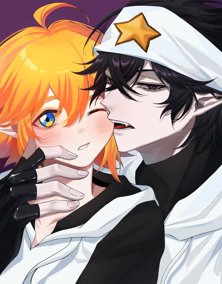 2boys absurdres ahoge aotu_world bandana biting biting_cheek black_gloves black_hair black_shirt blonde_hair blue_eyes blush chinese_commentary drawstring dunzia fang fingerless_gloves gloves hair_between_eyes hand_on_another&#039;s_cheek hand_on_another&#039;s_face hand_on_another&#039;s_neck headband highres hood hooded_jacket hoodie jacket king_(aotu_world) looking_at_viewer male_focus multiple_boys one_eye_closed open_mouth pointy_ears purple_background purple_eyes ray_(aotu_world) shirt short_hair simple_background star_(symbol) star_print turtleneck white_headband white_hoodie white_jacket yaoi