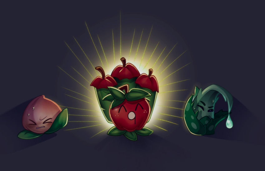&gt;_&lt; :o ^_^ aloe_(plant) aloe_(plants_vs._zombies) apple apple_mortar backlighting butcher_vanity_(synthesizer_v) clenched_teeth closed_eyes commentary facing_viewer food freckles fruit grey_background heavenly_peach_(plants_vs._zombies) leaf looking_at_viewer no_humans no_mouth one_eye_closed open_mouth peach plant plant_focus plants_vs._zombies plants_vs._zombies_2 plants_vs._zombies_2_(chinese) saliva shadow simple_background sweat symbol-only_commentary teeth veghia