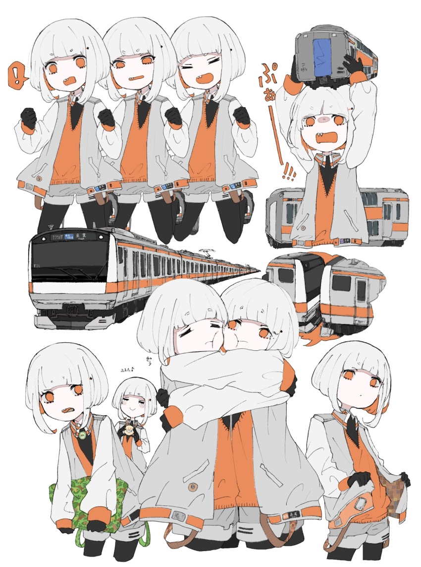 3girls augustin_tea black_gloves black_pantyhose cardigan clone collared_jacket colored_inner_hair east_japan_railway_company gloves grey_shorts highres hug jacket jr_east_e233_series long_sleeves multicolored_hair multiple_girls multiple_unit_train multiple_views open_mouth orange_cardigan orange_eyes orange_hair original overhead_line pantograph pantyhose puffy_sleeves shoes short_hair shorts train white_hair