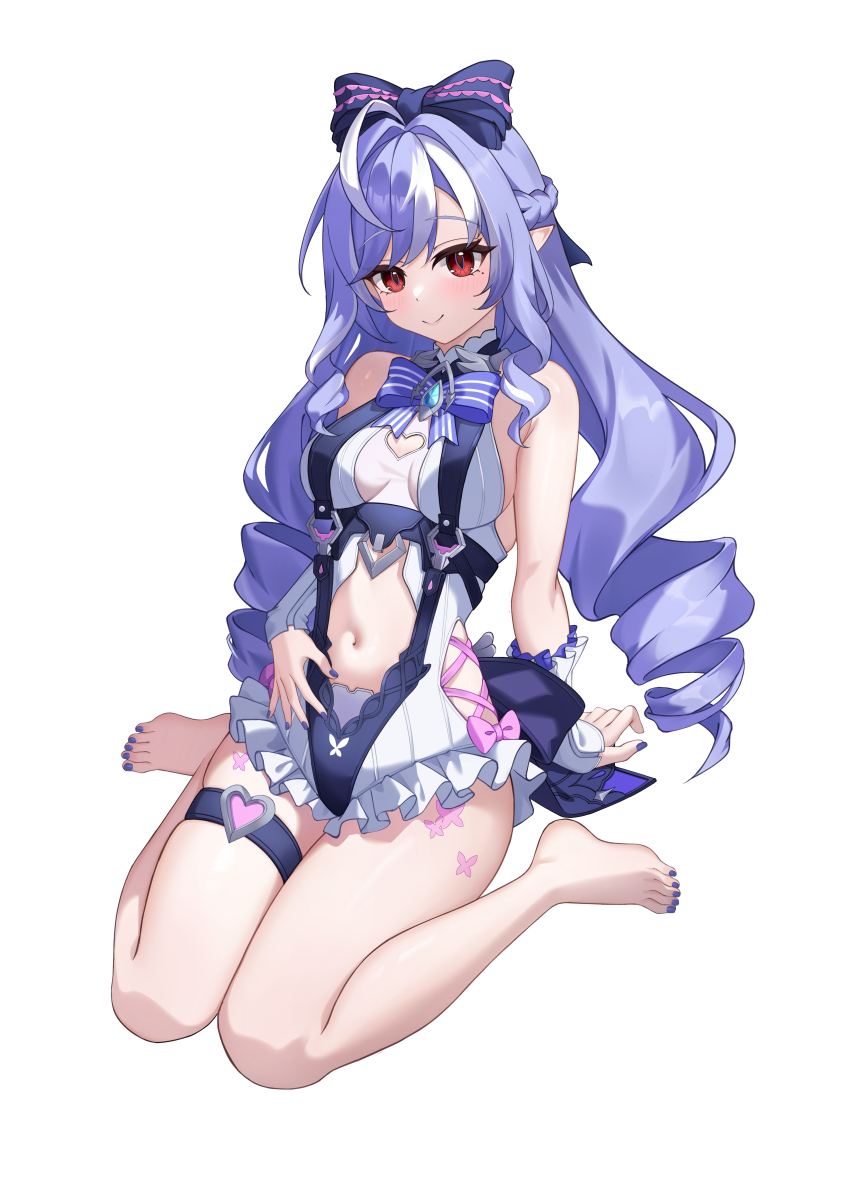 1girl absurdres armpit_crease arms_behind_back barefoot black_bow bow breasts clothing_cutout grey_one-piece_swimsuit hair_between_eyes highres kurosti light_blush long_hair looking_at_viewer medium_breasts mole mole_under_eye nail_polish navel navel_cutout official_alternate_costume official_alternate_hairstyle one-piece_swimsuit open_mouth pointy_ears purple_hair purple_nails red_eyes simple_background sitting smile solo stomach swimsuit thigh_strap thighs toenail_polish toenails very_long_hair vivian_banshee vivian_banshee_(iris_of_the_shore) wariza white_background zenless_zone_zero