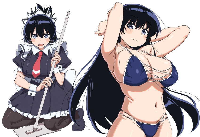 1girl arato_nagi armpits arms_behind_head arms_up bikini black_hair blue_bikini blush_stickers breasts earrings highres jewelry large_breasts long_hair looking_at_viewer maid maid_headdress navel necktie pantyhose ruri_no_houseki smile solo squatting swimsuit ylong