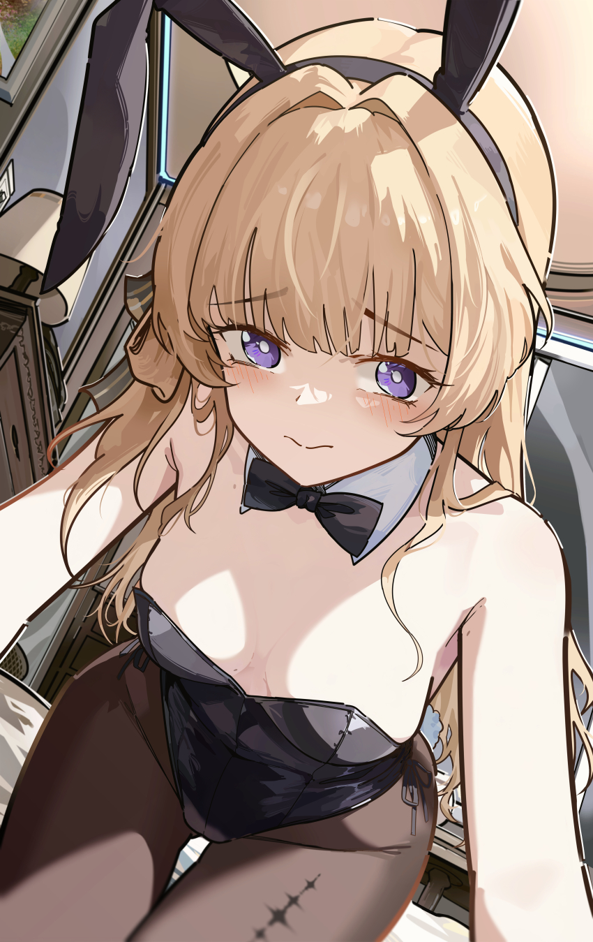 1girl absurdres alternate_costume animal_ear_hairband animal_ears bare_shoulders black_bow black_bowtie black_leotard black_pantyhose blonde_hair blush bow bowtie breasts closed_mouth collar commentary detached_collar english_commentary fake_animal_ears hairband highres indoors leotard long_hair looking_at_viewer pantyhose phoebe_(wuthering_waves) playboy_bunny purple_eyes rabbit_ear_hairband rabbit_ears revision ryeon_(naturesan) small_breasts solo strapless strapless_leotard tacet_mark_(wuthering_waves) white_collar wuthering_waves