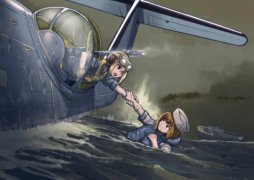 2girls aircraft airplane aviator_cap aviator_goggles barrel_shroud blonde_hair brown_eyes brown_hair browning_m1919 bullet_hole cloud commentary commission erica_(naze1940) flying_boat gloves goggles goggles_on_headwear gun hair_between_eyes hand_on_another&#039;s_arm hat highres holding holding_another&#039;s_arm life_vest light_machine_gun looking_at_another machine_gun military military_uniform military_vehicle multiple_girls naval_uniform naval_working_uniform open_mouth original outdoors partially_submerged pby_catalina sailor sailor_hat seaplane second-party_source shirt short_hair sidelocks single_glove sky smoke smoking_barrel teeth tongue torpedo_boat united_states_navy warship water watercraft weapon wet wet_clothes wet_hair wet_shirt white_hat white_shirt world_war_ii