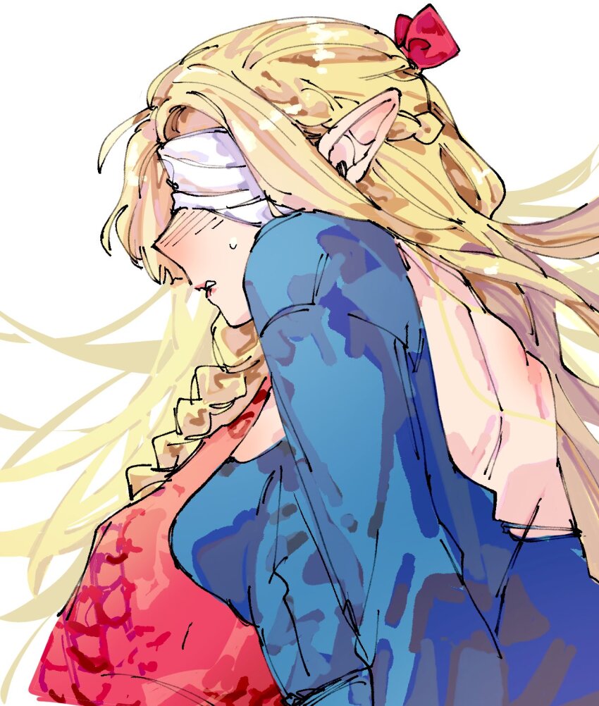 2girls blindfold blonde_hair blush claws commentary_request dohwa110 dungeon_meshi falin_touden falin_touden_(chimera) hair_ribbon highres korean_commentary long_hair marcille_donato multiple_girls pointy_ears red_ribbon ribbon white_blindfold yuri