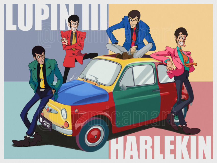 arm_hair arsene_lupin_iii black_hair black_pants blue_jacket blue_pants car closed_mouth commentary cosmicam crossed_arms english_commentary english_text fiat_500 green_jacket hands_in_pockets in-franchise_crossover jacket kneeling looking_at_viewer lupin_iii motor_vehicle necktie one_eye_closed orange_necktie pants pink_jacket red_jacket red_necktie sitting smile smirk standing watermark yellow_necktie