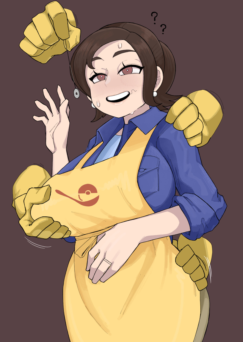 1girl ? ?? absurdres alternate_breast_size apron blue_shirt breast_pocket breasts bright_pupils brown_background brown_eyes brown_hair coin coin_on_string collared_shirt creatures_(company) curvy disembodied_hand earrings game_freak gen_1_pokemon grabbing_another&#039;s_ass grabbing_another&#039;s_breast groping half-closed_eyes hand_on_another&#039;s_shoulder hand_up highres holding holding_pendulum holding_string holed_coin hypno hypnosis jewelry large_breasts long_sleeves mature_female medium_hair mind_control mother_(pokemon) nintendo open_mouth paldea_mother pendulum pocket pokemon pokemon_(creature) pokemon_sv shinsutebachi shirt simple_background sleeves_rolled_up smile stray_pubic_hair string sweat teeth upper_teeth_only waving white_pupils