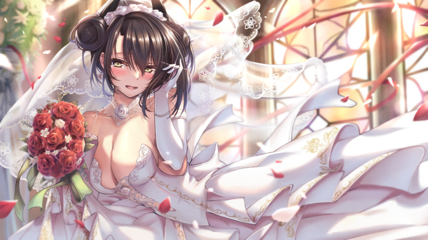 1girl agent_(girls&#039;_frontline) alternate_costume bare_shoulders black_hair blush bouquet breasts bridal_veil bride cleavage commentary_request double_bun dress elbow_gloves falling_petals flower frills girls&#039;_frontline gloves hair_between_eyes hair_bun highres holding holding_bouquet horns indoors jewelry large_breasts looking_at_viewer open_mouth petals red_flower red_rose ring rose sangvis_ferri sidelocks smile solo upper_body veil wedding_dress wedding_ring white_dress white_gloves xlscaler yellow_eyes
