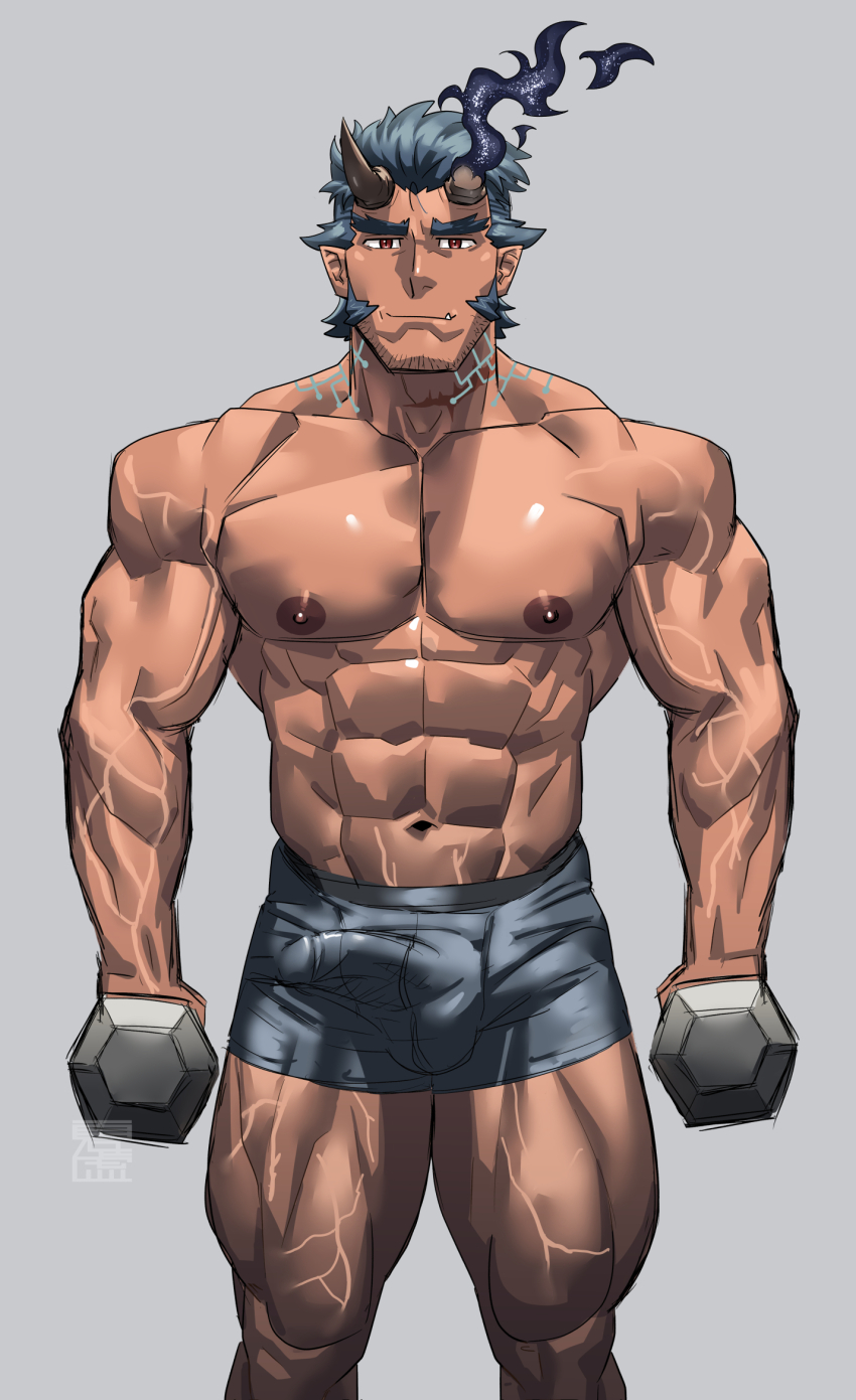1boy abs arms_at_sides bara blue_hair boxers broken_horn bulge cowboy_shot dark-skinned_male dark_blue_hair dark_skin demon_boy demon_horns dumbbell erection erection_under_clothes facial_hair goatee_stubble highres horns large_pectorals looking_at_viewer male_focus male_underwear monmonhomon muscular muscular_male mutton_chops navel nipples pectorals short_hair solo standing stomach straight-on stubble takemaru_(housamo) thick_eyebrows tokyo_houkago_summoners topless_male underwear veins veiny_arms veiny_thighs