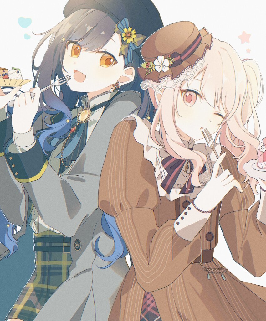 1girl 1other :d :o akiyama_mizuki belt belt_buckle beret black_hair black_hat black_ribbon black_sleeve_cuffs blue_hair blue_ribbon brown_belt brown_dress brown_hat buckle buttons coat collared_shirt commentary cowboy_shot dress earrings flower flower_earrings flower_hat fork frilled_dress frilled_hat frills gradient_hair green_skirt grey_coat grey_shirt hair_ribbon hands_up hat heart highres holding holding_fork holding_plate jewelry lapels long_hair long_sidelocks long_sleeves looking_at_another looking_at_viewer mini_hat multicolored_hair official_alternate_costume open_clothes open_coat open_mouth orange_eyes parted_bangs pearl_earrings pendant pink_eyes pink_hair plaid_clothes plaid_ribbon plaid_skirt plate project_sekai puffy_long_sleeves puffy_sleeves ribbon shiraishi_an shirt shirt_tucked_in side-by-side side_ponytail side_slit sidelocks sideways_glance simple_background skirt smile star_(symbol) striped_ribbon tilted_headwear white_background white_flower yellow_brooch yellow_ribbon yuki72611