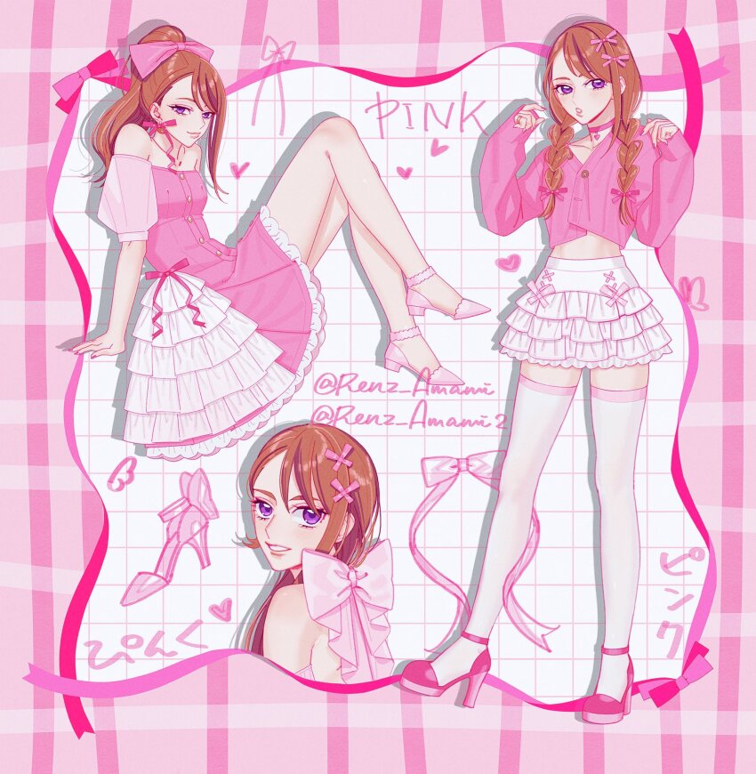1girl bare_arms bare_legs bare_shoulders bound braid brown_hair bubble_skirt choker column crossed_legs dress frilled_dress frilled_skirt frills from_side gingham_background grid grid_background hair_ornament hair_ribbon hairpin heart heart-shaped_pupils heart_choker high_heels highres hijiri_ageha hirogaru_sky!_precure kneehighs long_sleeves looking_at_viewer looking_back looking_to_the_side mature_female midriff_peek miniskirt parted_bangs pillar pink_background pink_choker pink_ribbon pink_shirt pink_shoes ponytail precure puffy_dress purple_eyes renz_amami ribbon ribbon-trimmed_skirt ribbon_bondage ribbon_earrings ribbon_pin ribbon_trim see-through_clothes see-through_sleeves shirt shoes short_dress signature sitting skirt socks solo solo_focus symbol-shaped_pupils twin_braids twitter_username